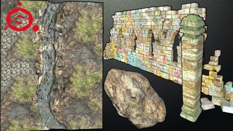 Substance painter painting a ground rock wall and a pillar